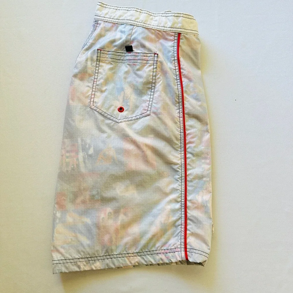 Vintage Aaron Chang Mens Board Shorts 32 Swim Trunks Ripstop Photo Print USA Y2K